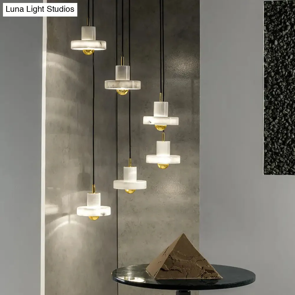 Sleek Minimalist Pendulum Light Marble 1-Bulb Dining Room Pendant in White & Brass