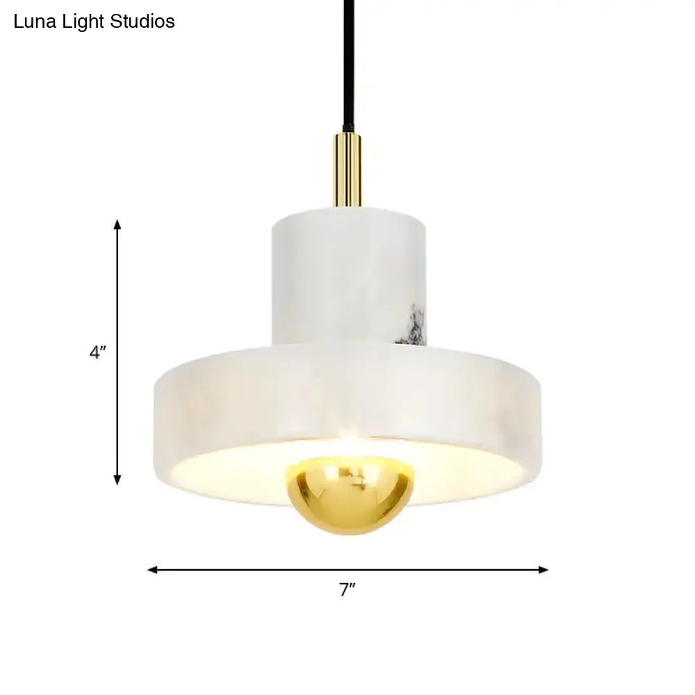Sleek Minimalist Pendulum Light Marble 1-Bulb Dining Room Pendant in White & Brass