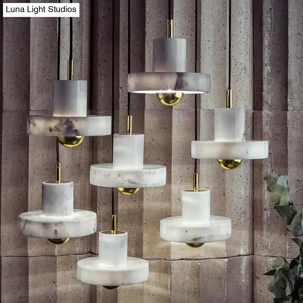 Sleek Minimalist Pendulum Light Marble 1-Bulb Dining Room Pendant in White & Brass