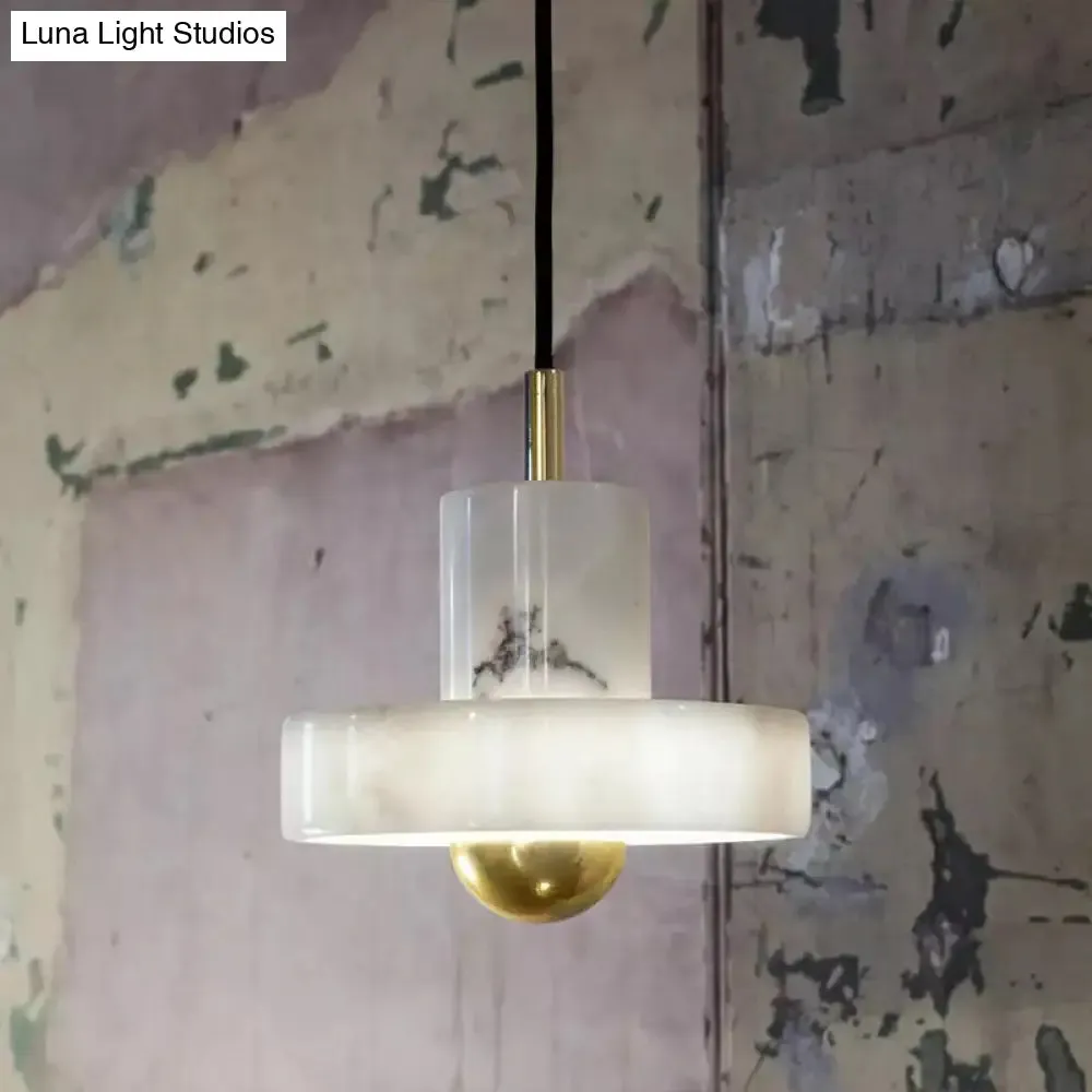 Sleek Minimalist Pendulum Light Marble 1-Bulb Dining Room Pendant in White & Brass