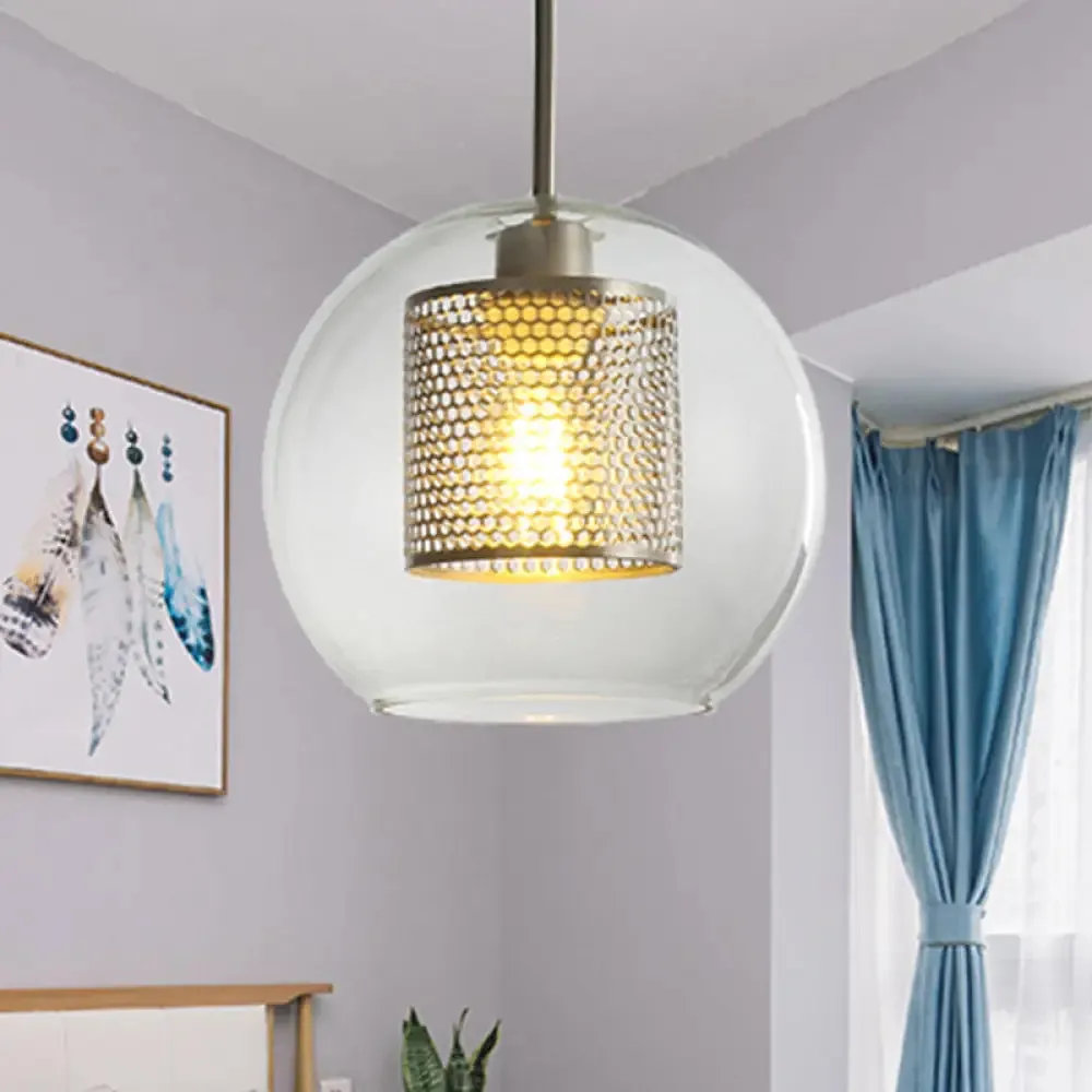 Sleek Orb Pendant Light with Mesh Cylinder Shade - Ideal Glass Hanging Lamp for Hallways