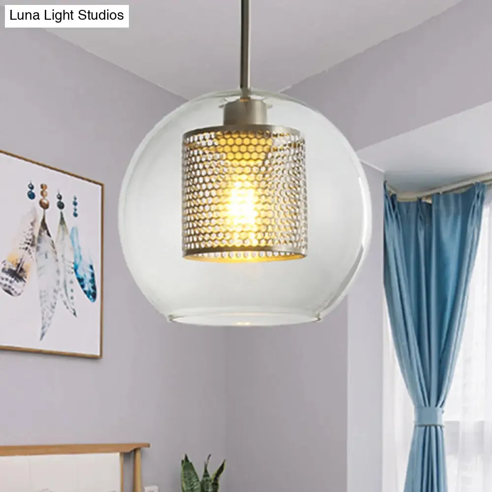 Sleek Orb Pendant Light with Mesh Cylinder Shade - Ideal Glass Hanging Lamp for Hallways