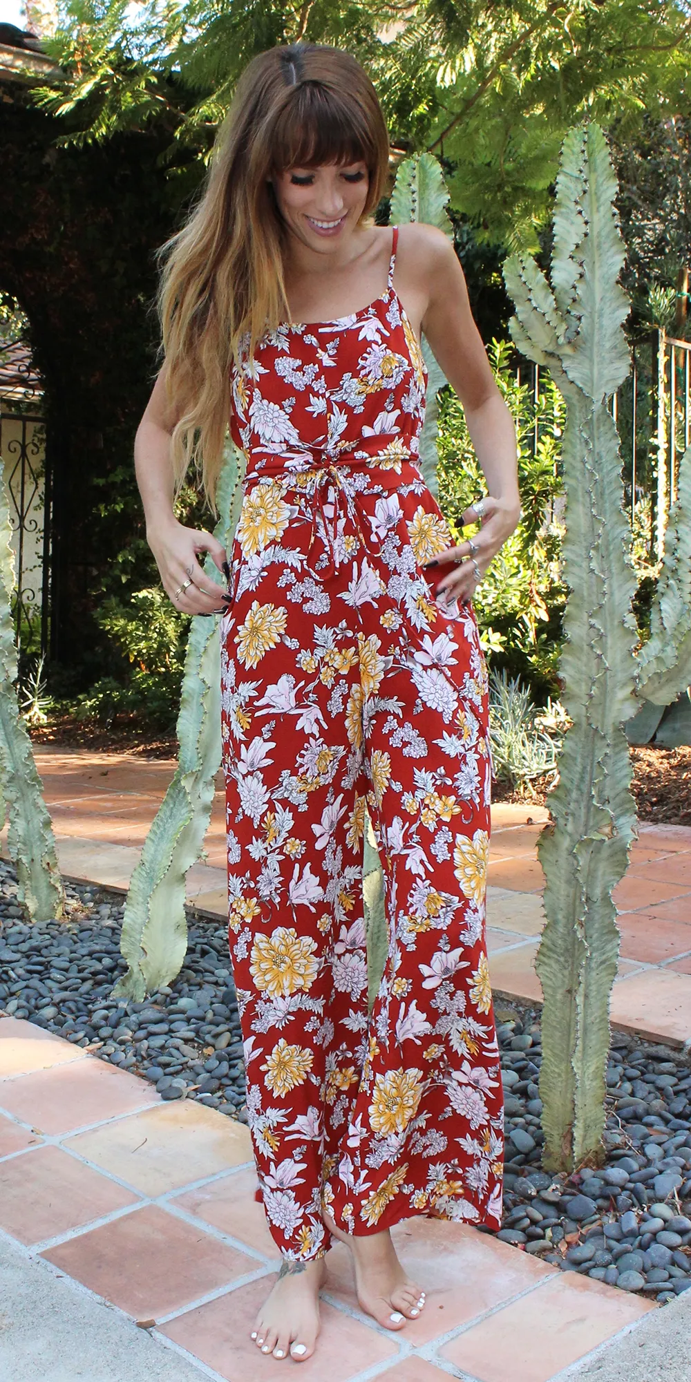 Sleeveless Red Floral Jumpsuit