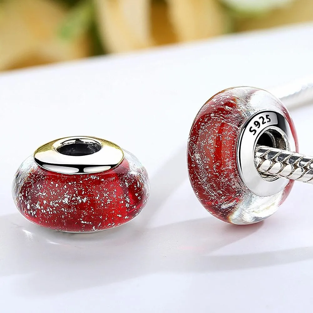 Solid 925 Sterling Silver Red Stardust Inclusion Murano Glass Charm