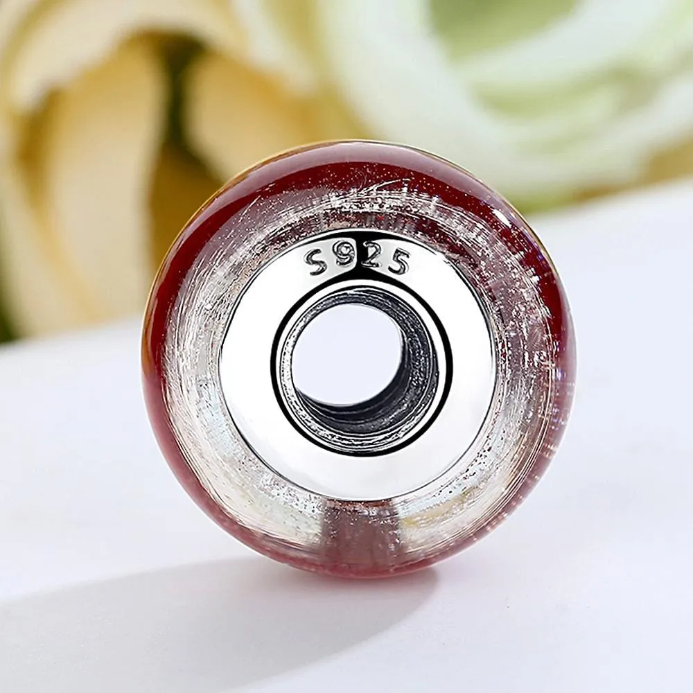 Solid 925 Sterling Silver Red Stardust Inclusion Murano Glass Charm