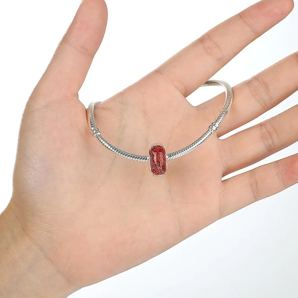 Solid 925 Sterling Silver Red Stardust Inclusion Murano Glass Charm
