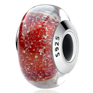 Solid 925 Sterling Silver Red Stardust Inclusion Murano Glass Charm
