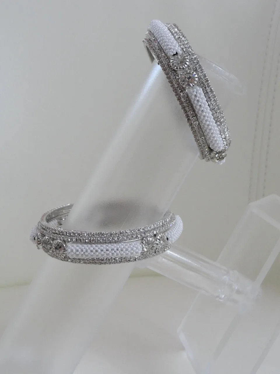 Statement bracelet bangle: Silver finish white stone and bead bangle. "Milky Way"- Gift for wife or girlfriend: Indian, handmade american diamond bangle bracelet.  From Artikrti.