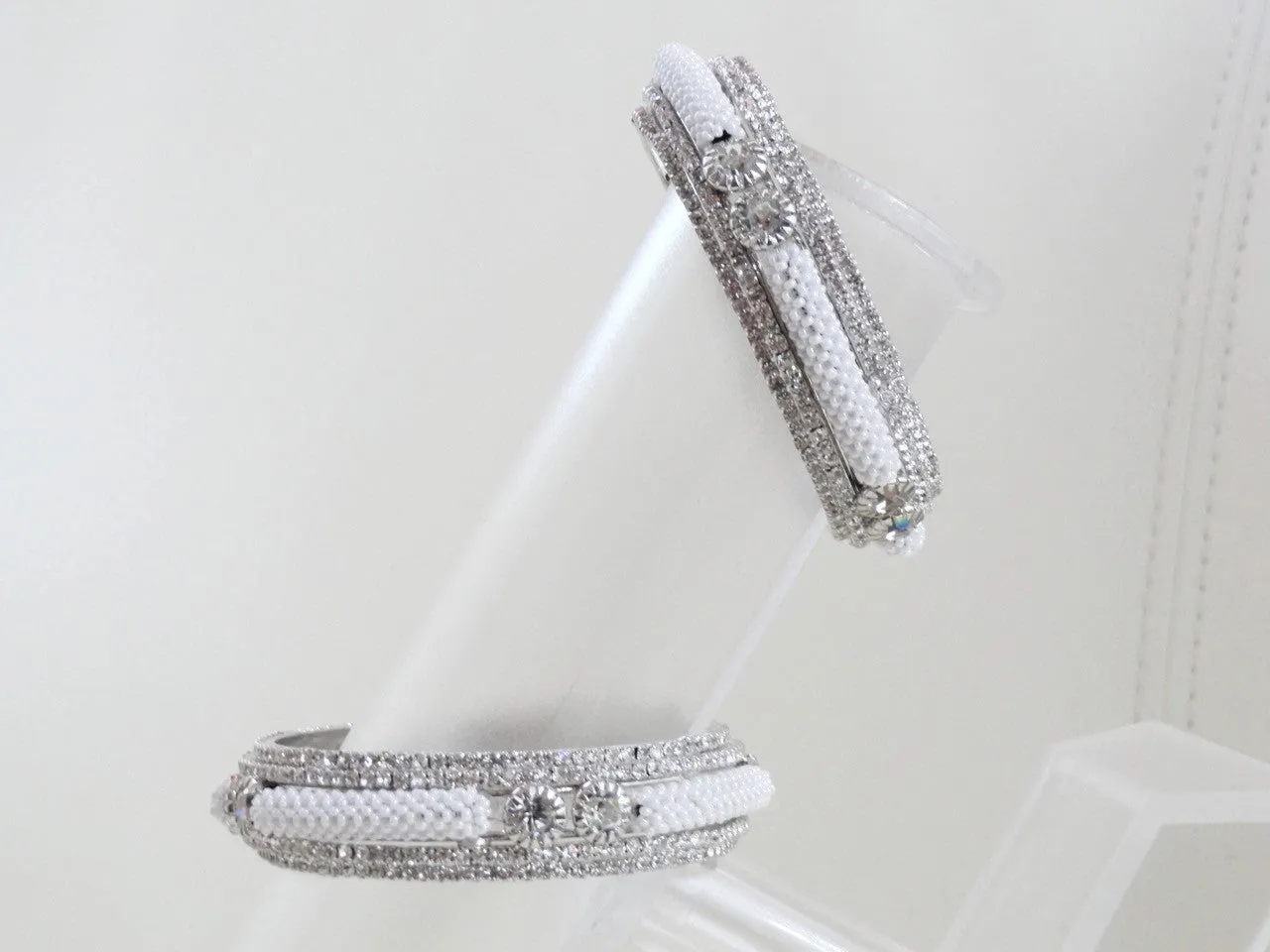 Statement bracelet bangle: Silver finish white stone and bead bangle. "Milky Way"- Gift for wife or girlfriend: Indian, handmade american diamond bangle bracelet.  From Artikrti.