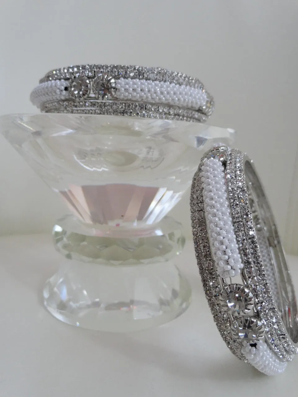 Statement bracelet bangle: Silver finish white stone and bead bangle. "Milky Way"- Gift for wife or girlfriend: Indian, handmade american diamond bangle bracelet.  From Artikrti.