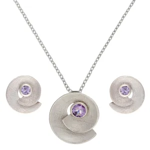 Sterling Silver Amethyst Spiral Seashell Jewellery Set - Brushed Finish Design