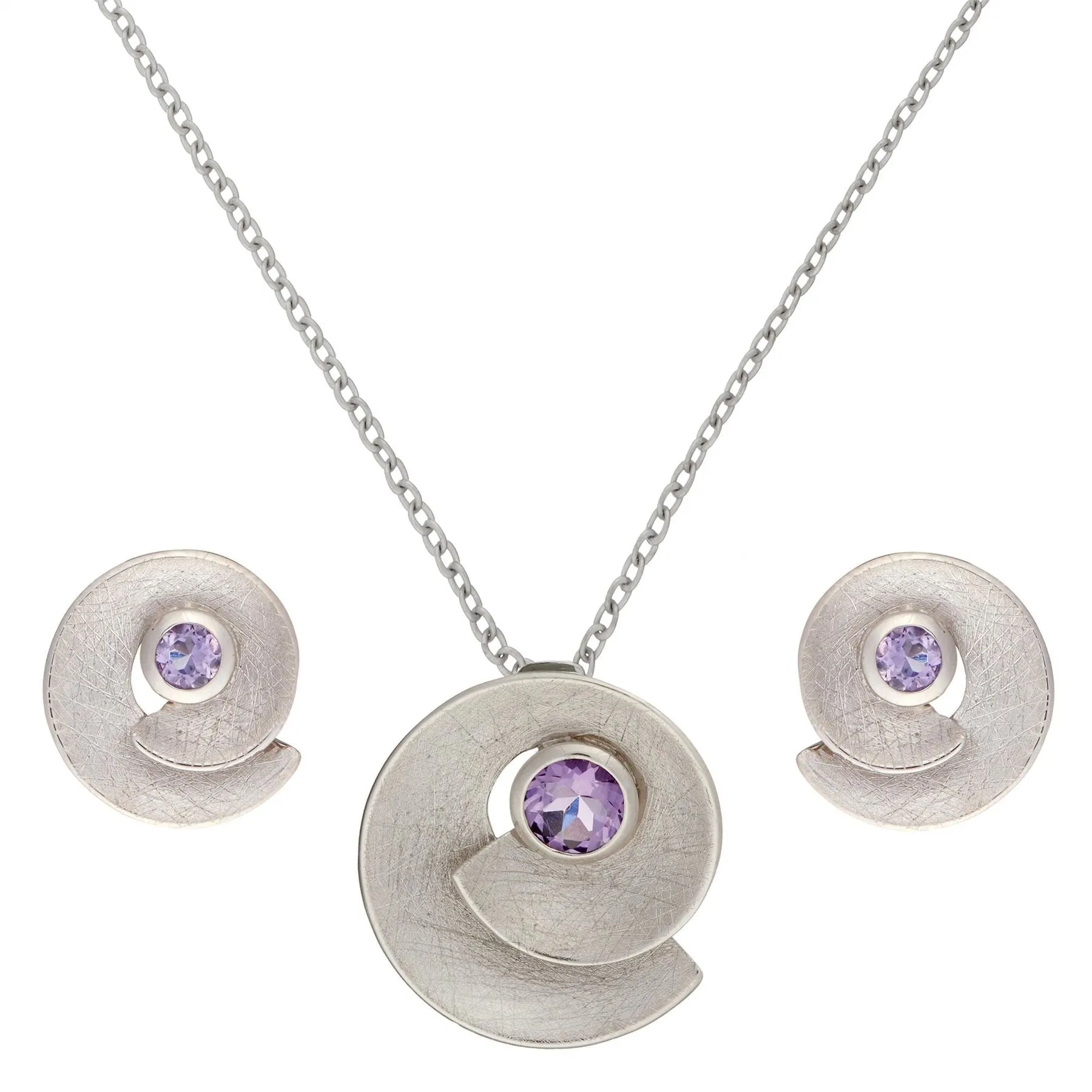 Sterling Silver Amethyst Spiral Seashell Jewellery Set - Brushed Finish Design