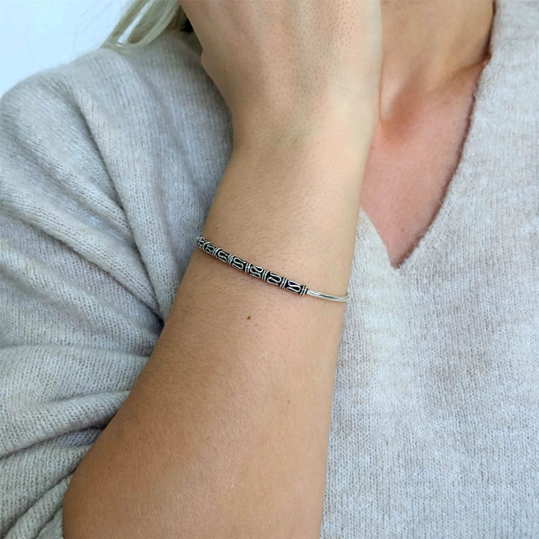 Sterling Silver Bohemian Thin Scroll Work Balinese Torque Bangle