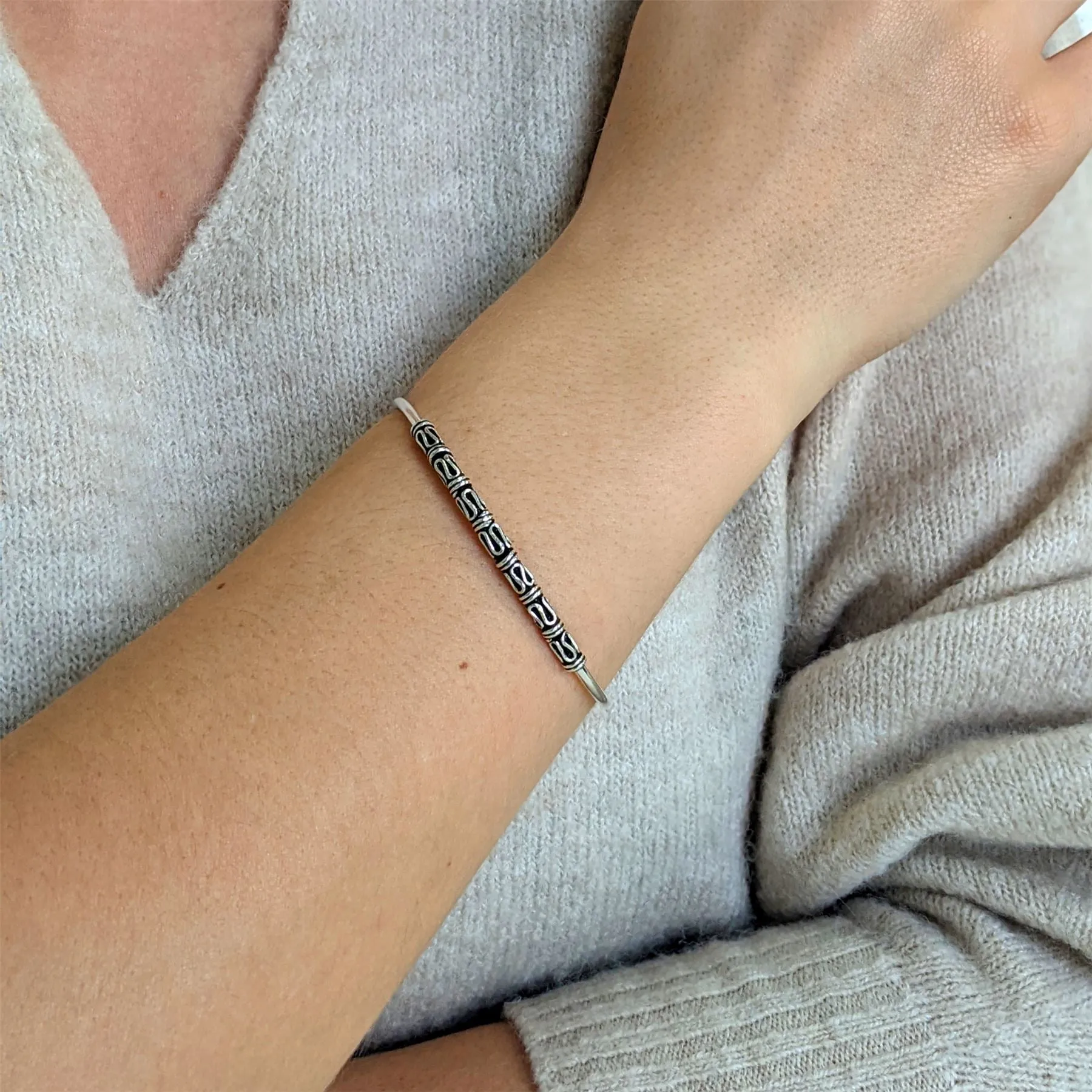 Sterling Silver Bohemian Thin Scroll Work Balinese Torque Bangle