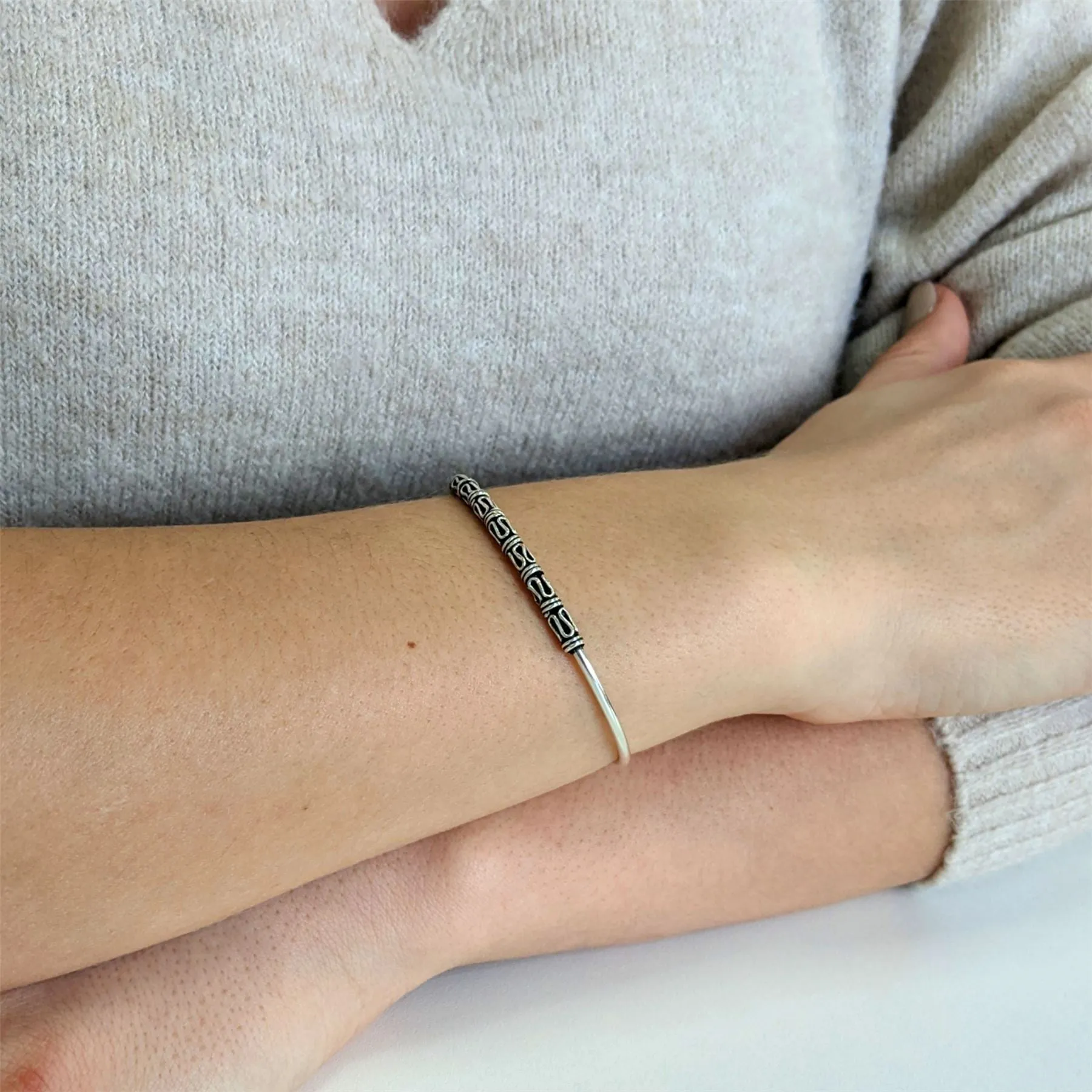 Sterling Silver Bohemian Thin Scroll Work Balinese Torque Bangle