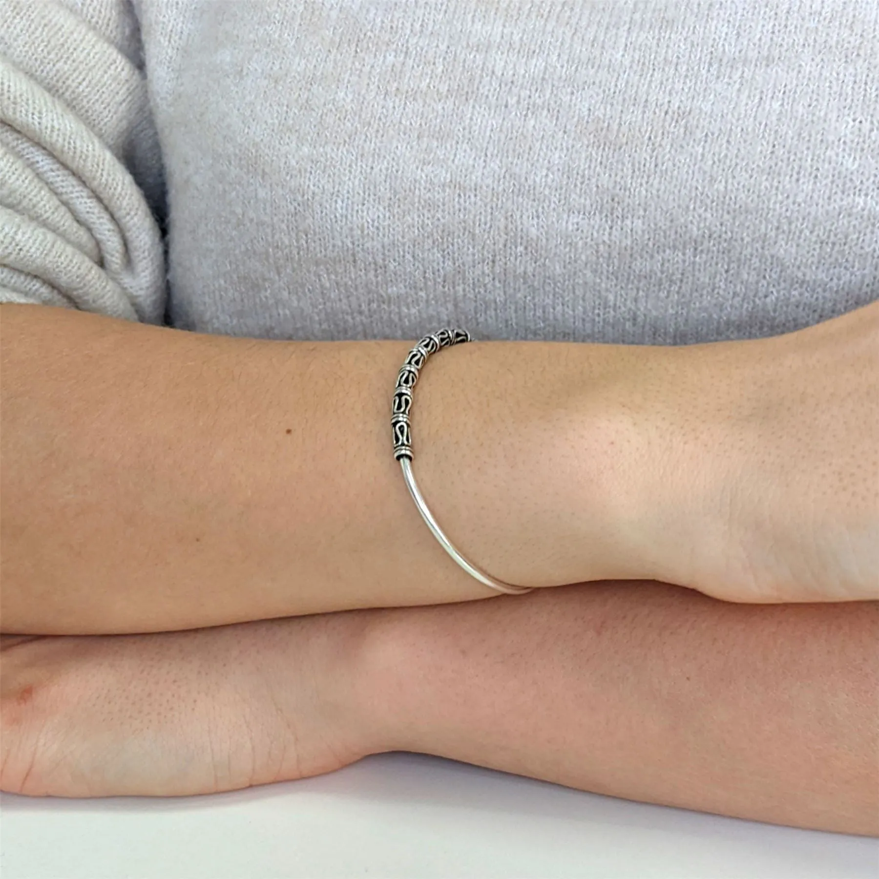 Sterling Silver Bohemian Thin Scroll Work Balinese Torque Bangle