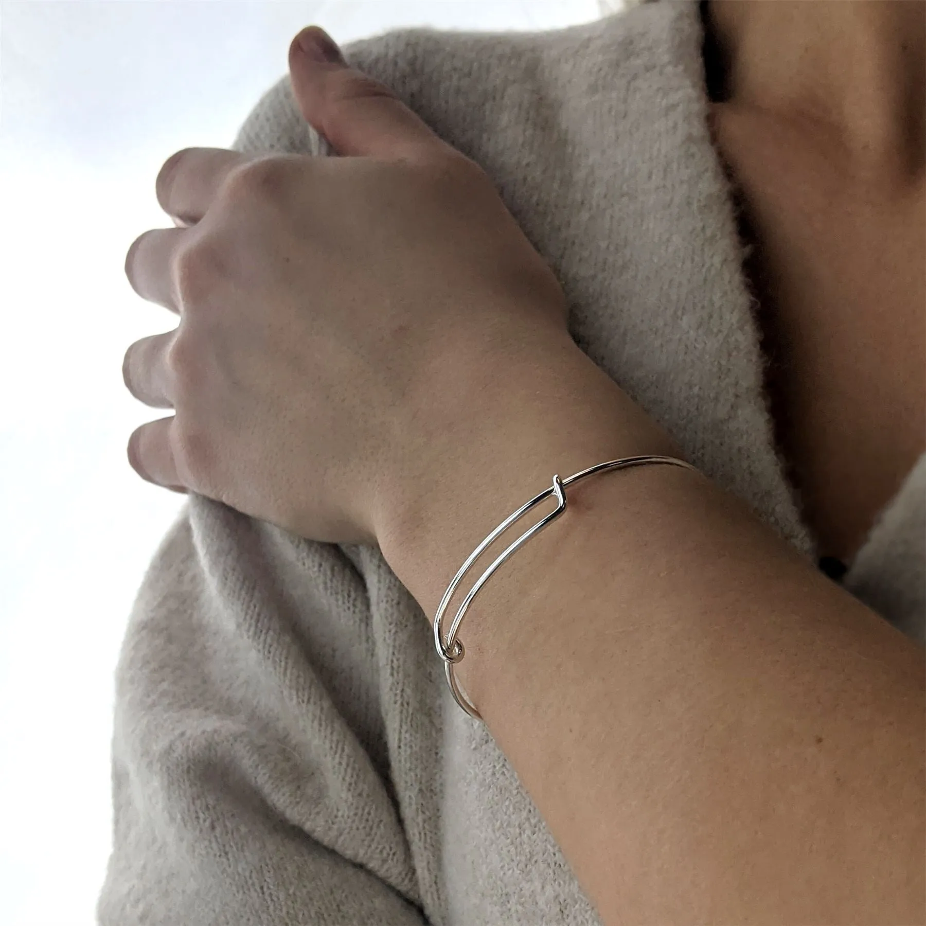 Sterling Silver Extra Small Round Wire Overlapping Adjustable Bangle