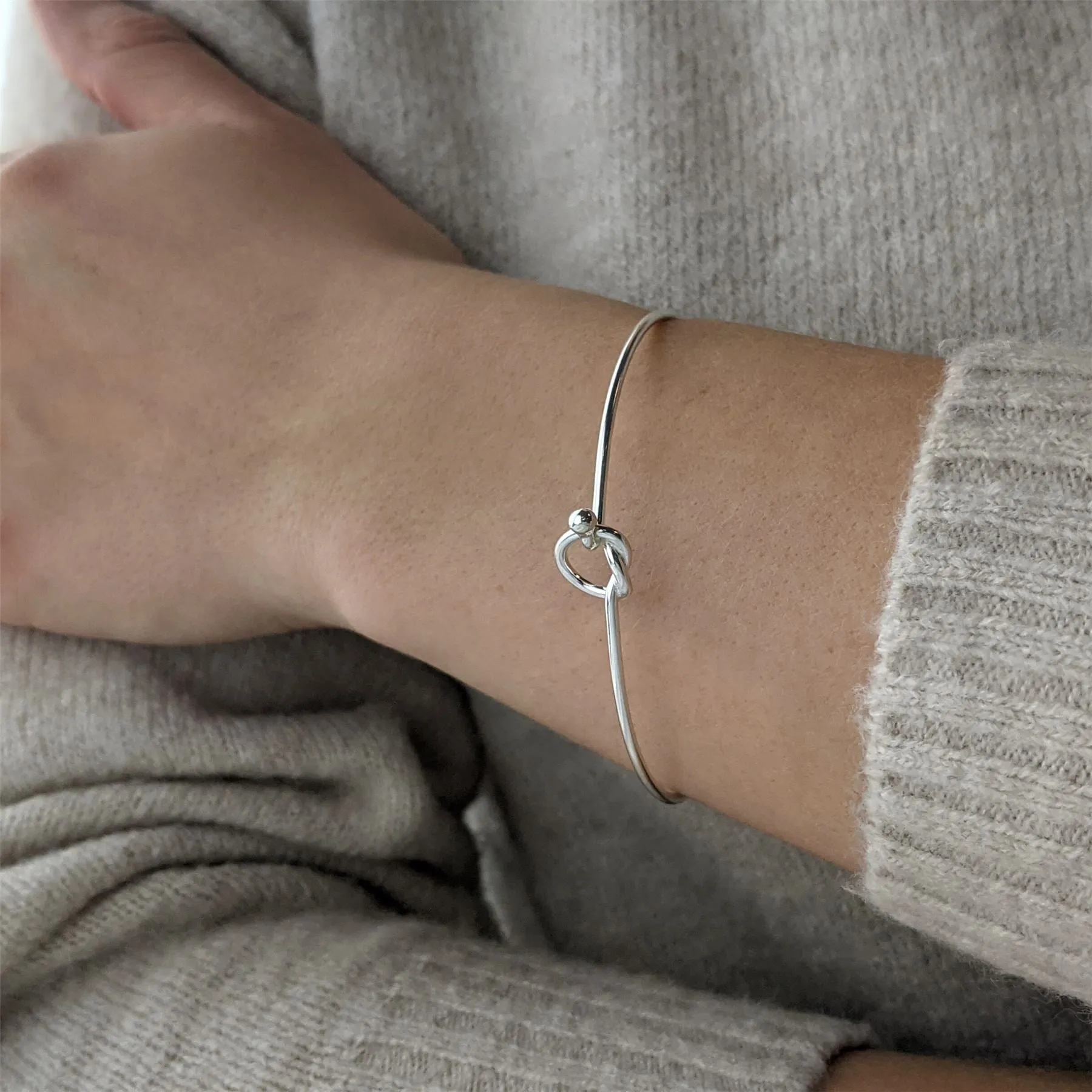 Sterling Silver Friendship Knot Bangle Thin Bracelet With Hook Clasp