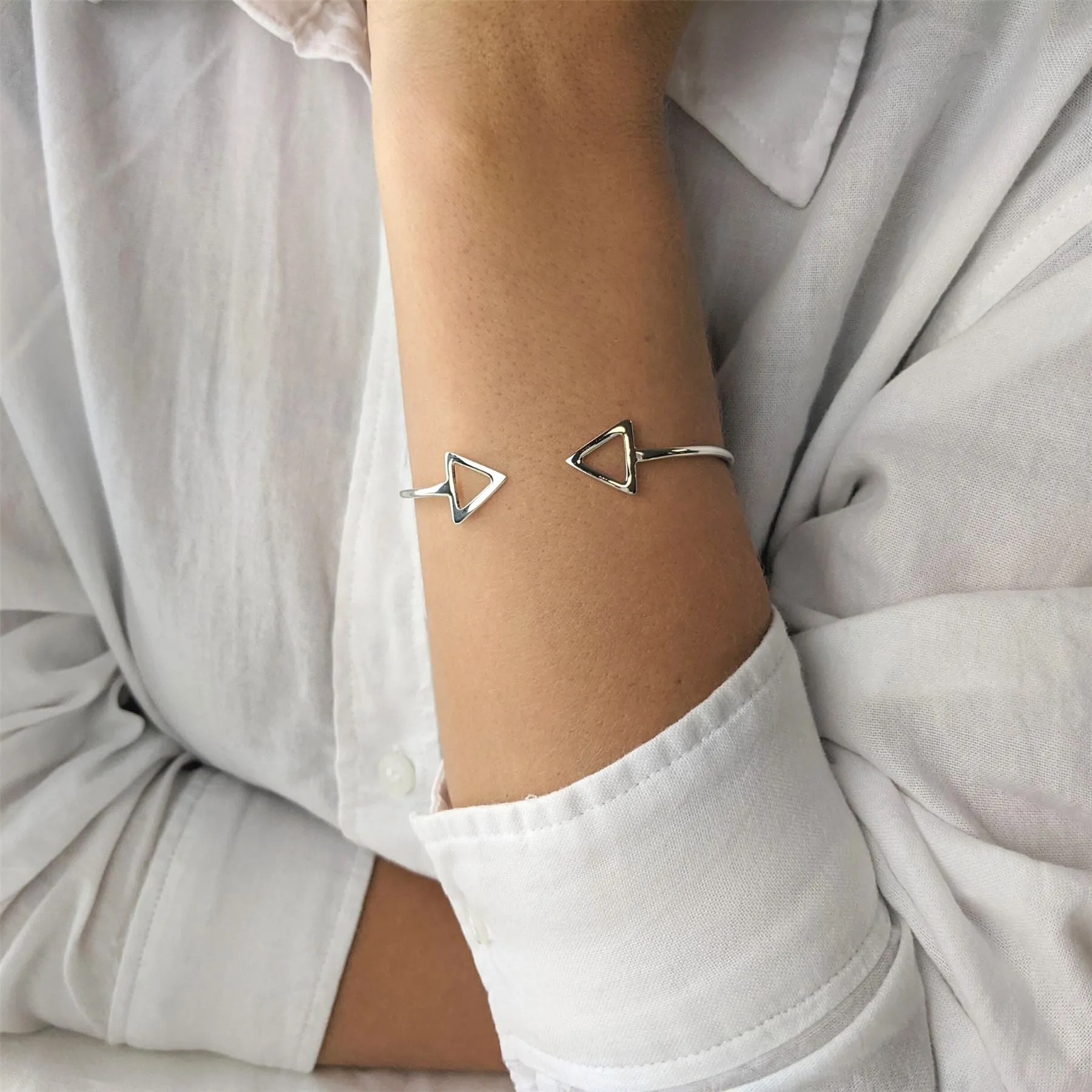 Sterling Silver Geometric Double Arrow Adjustable Torque Bangle