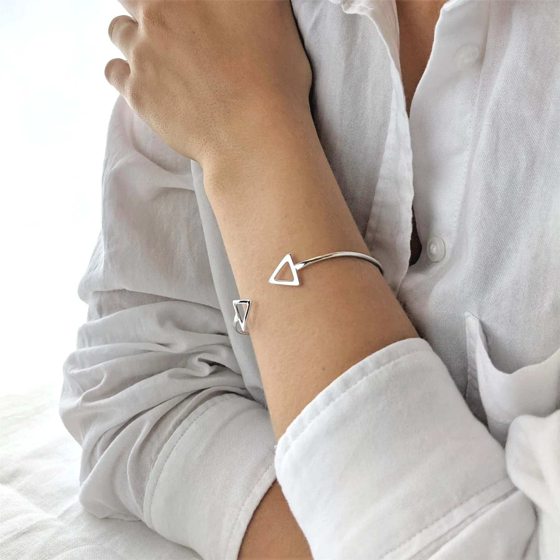 Sterling Silver Geometric Double Arrow Adjustable Torque Bangle