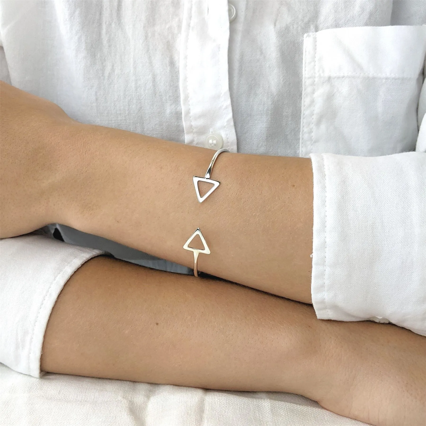 Sterling Silver Geometric Double Arrow Adjustable Torque Bangle