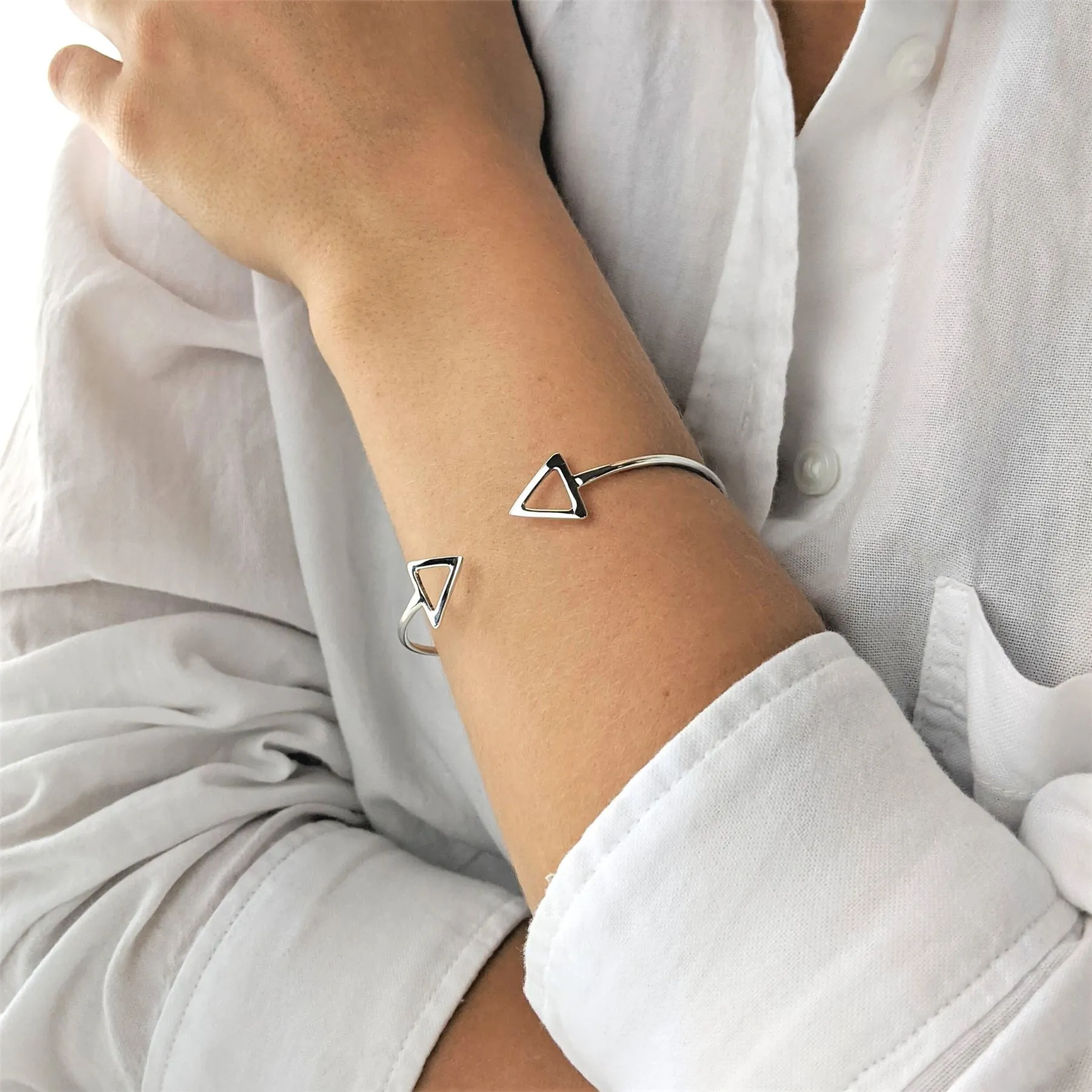 Sterling Silver Geometric Double Arrow Adjustable Torque Bangle