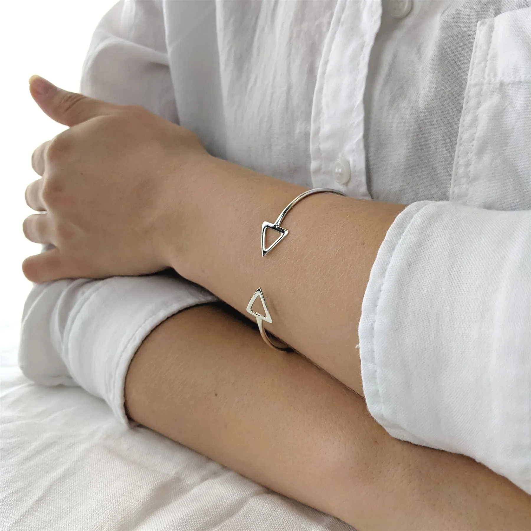 Sterling Silver Geometric Double Arrow Adjustable Torque Bangle