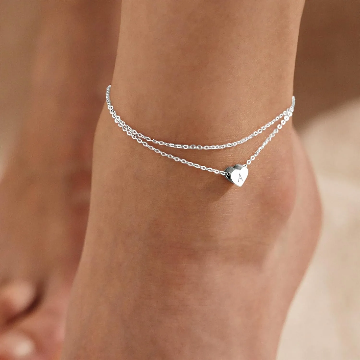Sterling Silver Initial Anklet for Women - Silver Ankle Bracelets Layered Dainty Handmade Tiny Heart Alphabet A-Z Letter Ankle Bracelet Foot Jewelry Cute Summer Beach Gift