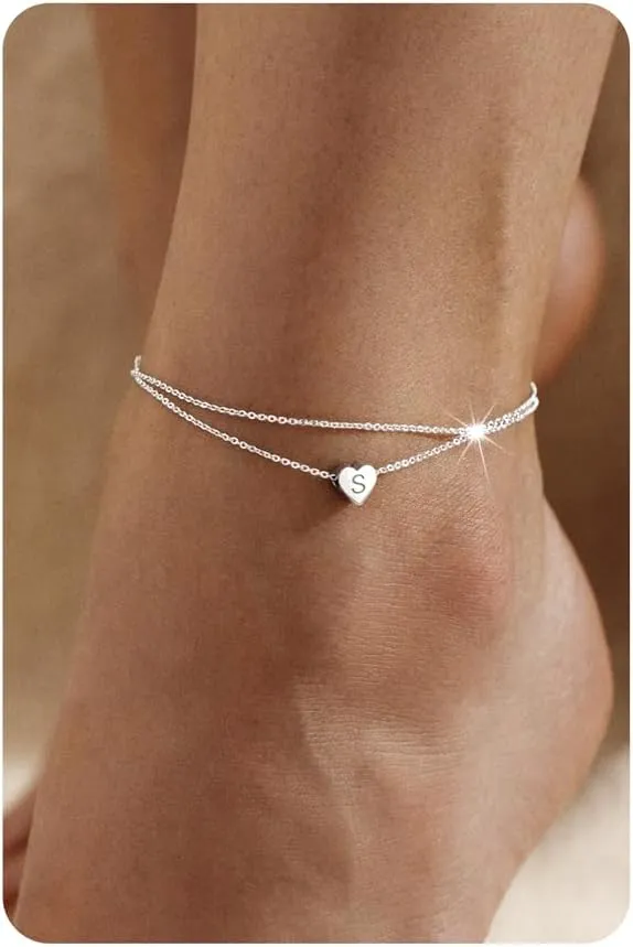 Sterling Silver Initial Anklet for Women - Silver Ankle Bracelets Layered Dainty Handmade Tiny Heart Alphabet A-Z Letter Ankle Bracelet Foot Jewelry Cute Summer Beach Gift