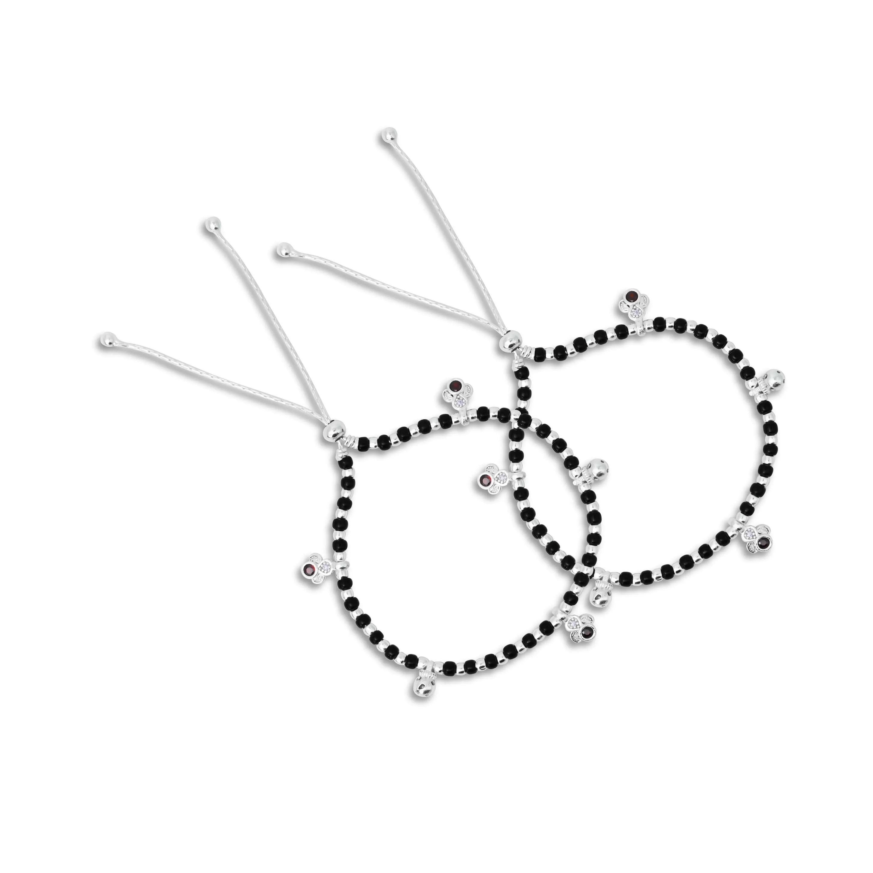 Sterling Silver Red Gem Stone with Silver and Black Beads Anklet for Girls