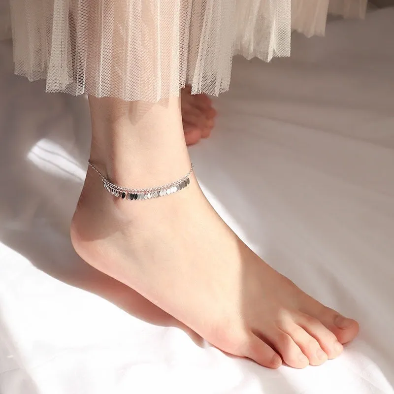 Sterling Silver Sweet Wafer Tassel Chain Anklet For Women