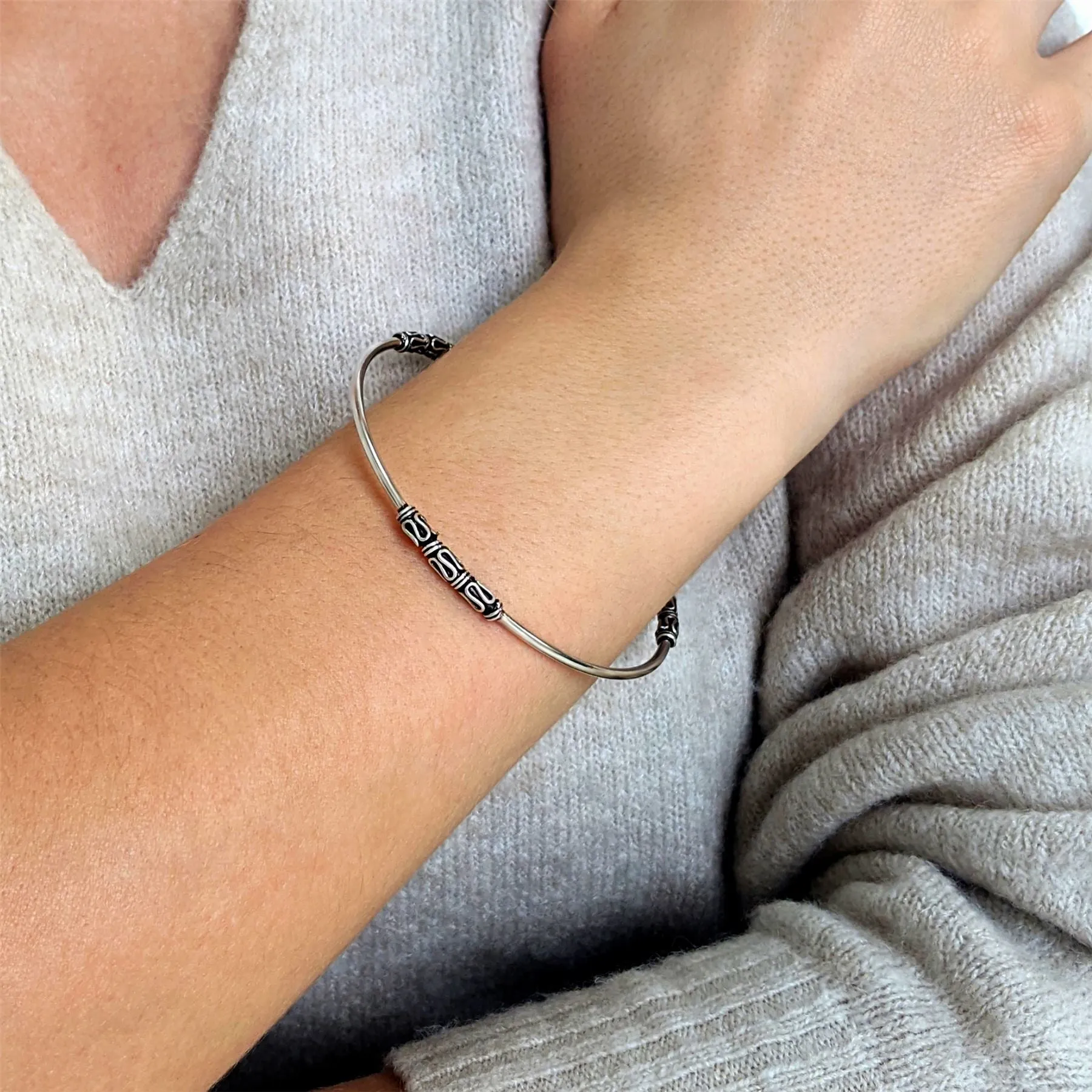 Sterling Silver Thin Round Tube Intricate Balinese Stackable Bangle