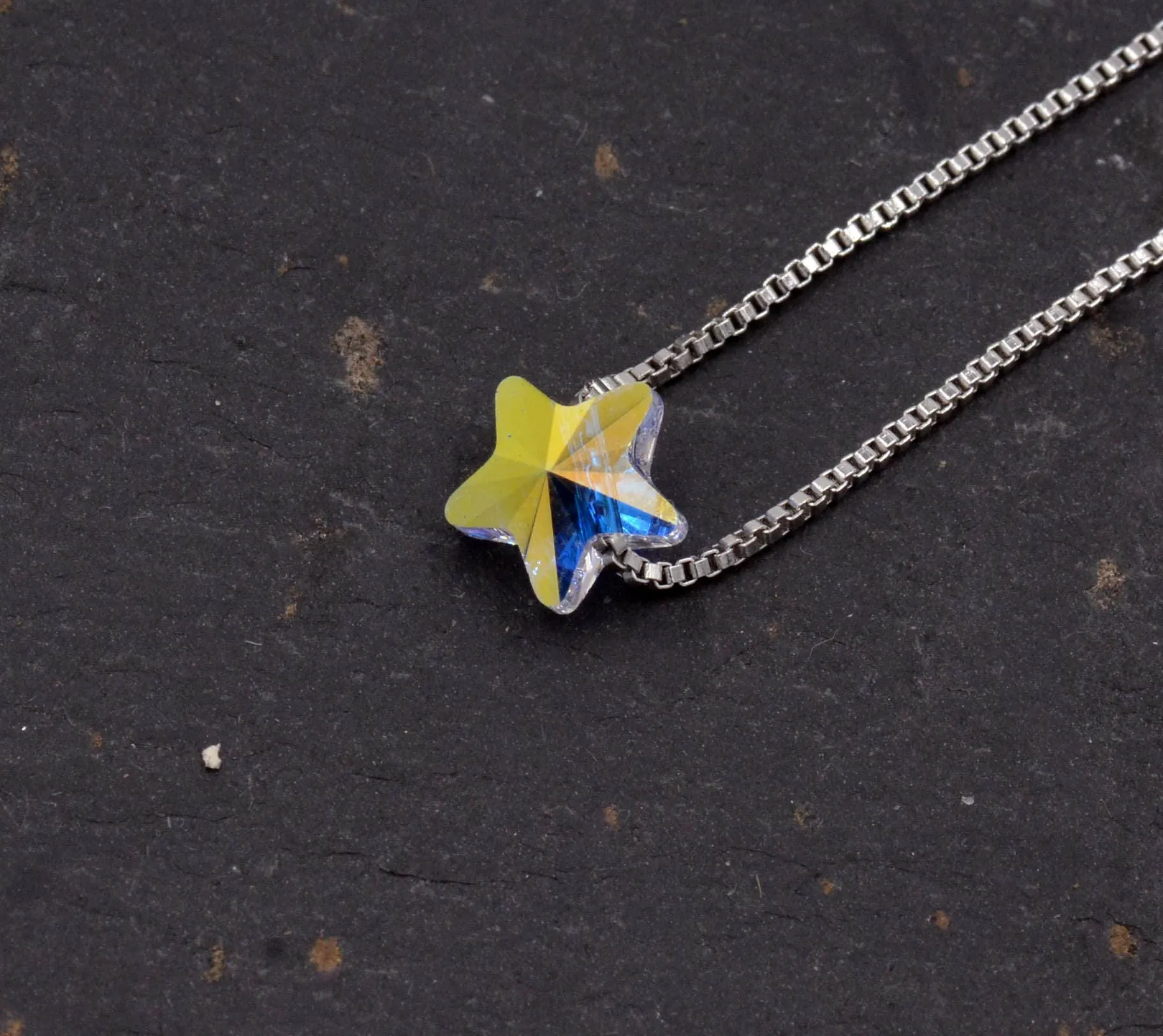 Sterling Silver Tiny Little Colour Changing Crystal Pendant Necklace  - Minimalist Design -  Square Cube, Droplet and Star - 16'' - 18''