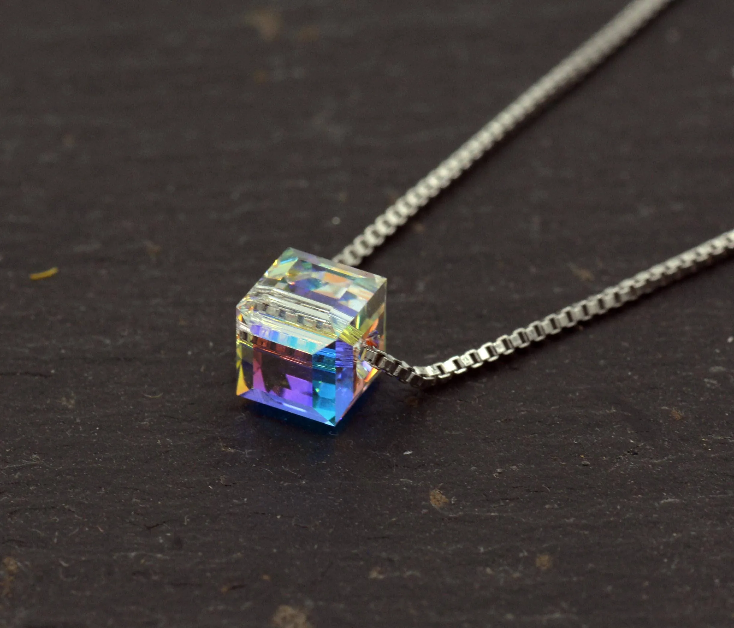 Sterling Silver Tiny Little Colour Changing Crystal Pendant Necklace  - Minimalist Design -  Square Cube, Droplet and Star - 16'' - 18''
