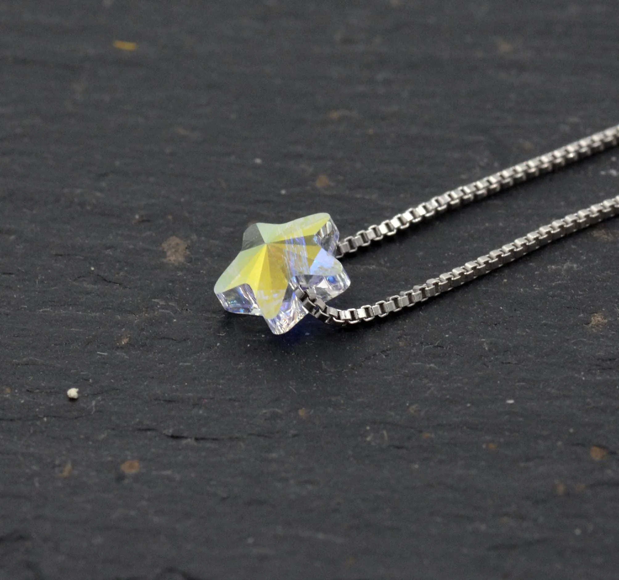 Sterling Silver Tiny Little Colour Changing Crystal Pendant Necklace  - Minimalist Design -  Square Cube, Droplet and Star - 16'' - 18''