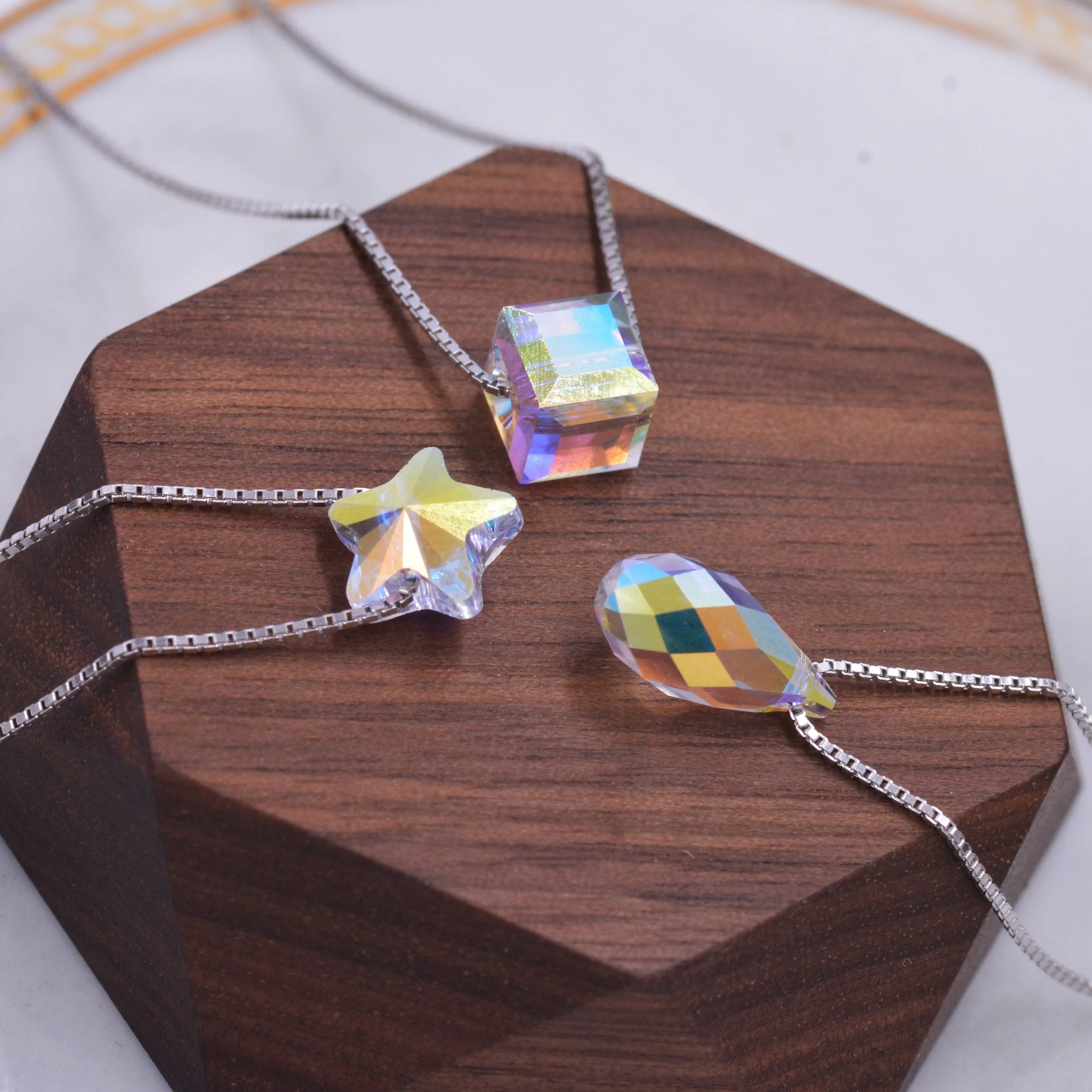 Sterling Silver Tiny Little Colour Changing Crystal Pendant Necklace  - Minimalist Design -  Square Cube, Droplet and Star - 16'' - 18''