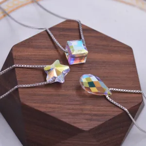 Sterling Silver Tiny Little Colour Changing Crystal Pendant Necklace  - Minimalist Design -  Square Cube, Droplet and Star - 16'' - 18''