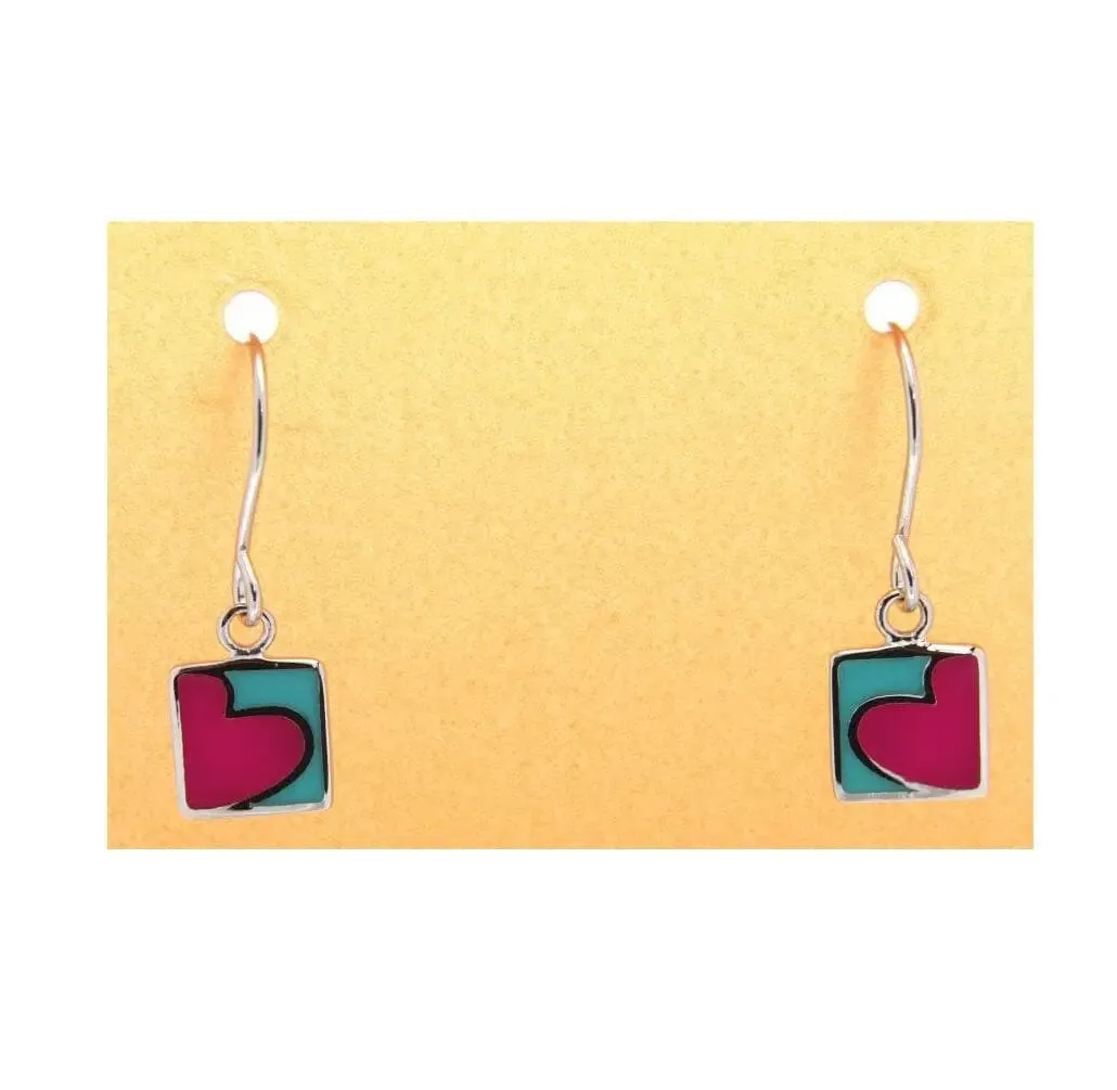 Sterling Silver Turquoise and Fuchsia Heart Design Earrings