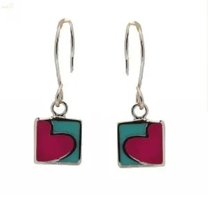 Sterling Silver Turquoise and Fuchsia Heart Design Earrings