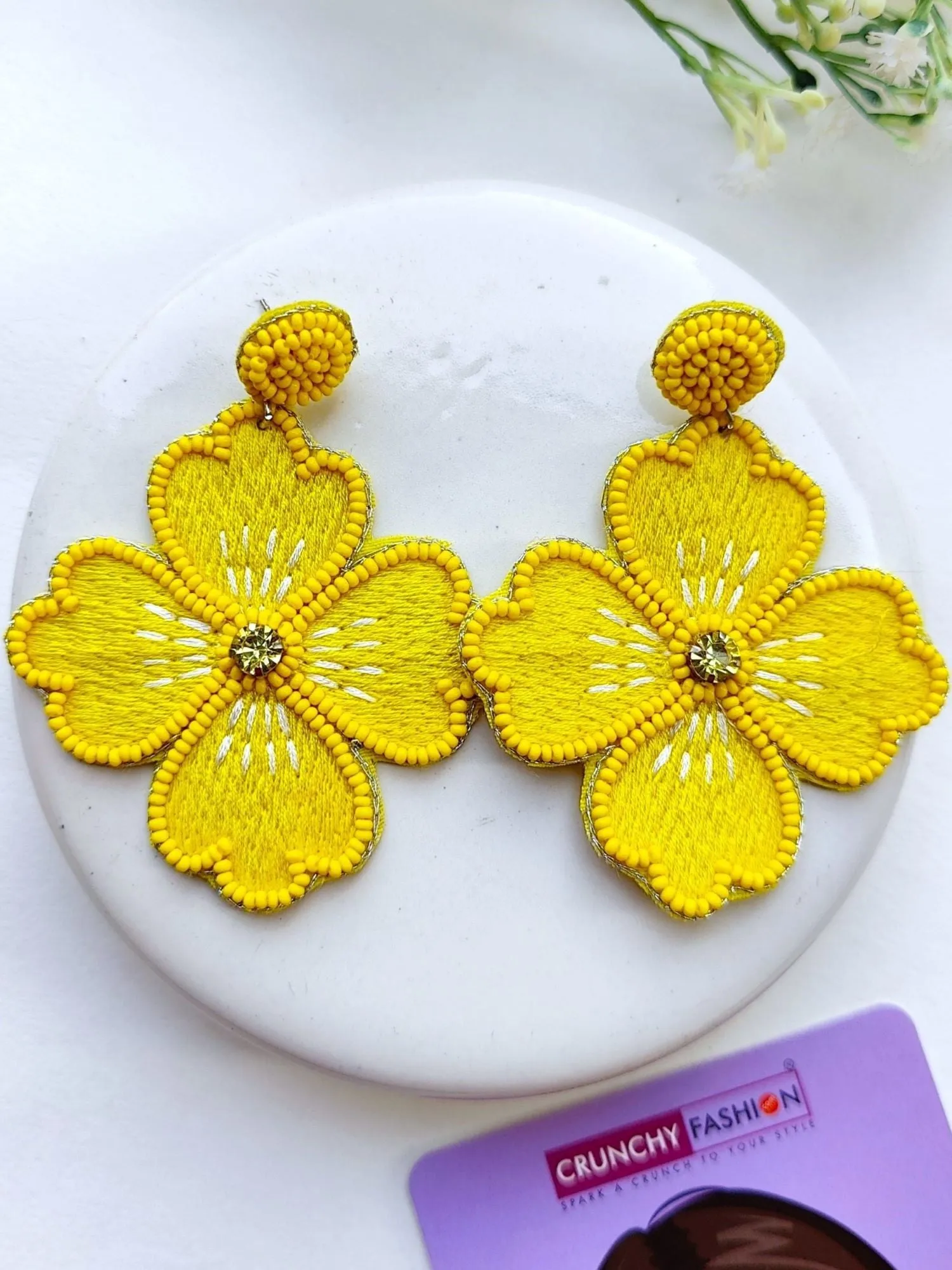 Sunshine Blooms: Handmade Yellow Floral Beaded Dangler Earrings