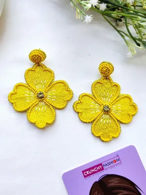 Sunshine Blooms: Handmade Yellow Floral Beaded Dangler Earrings