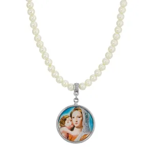 Symbols Of Faith 5mm Faux Pearl Strand Round Mary and Child Pendant Necklace  15"   3" Extender