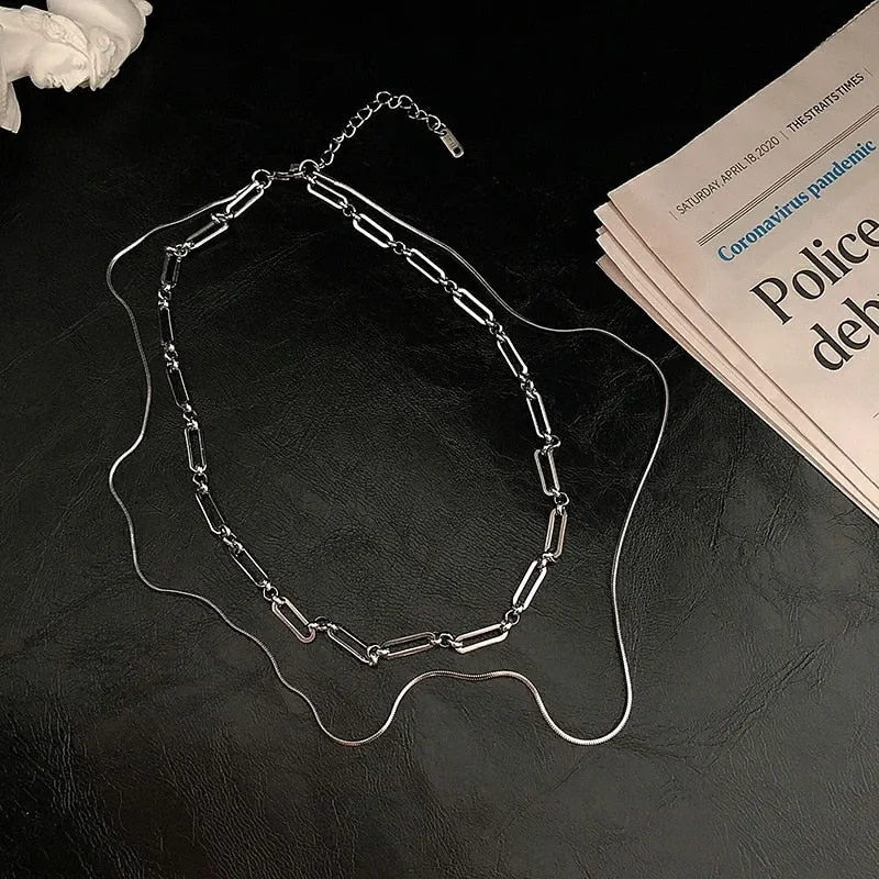 Trendy Stainless stee Double layer Long Chain Necklace Simple Minimalist