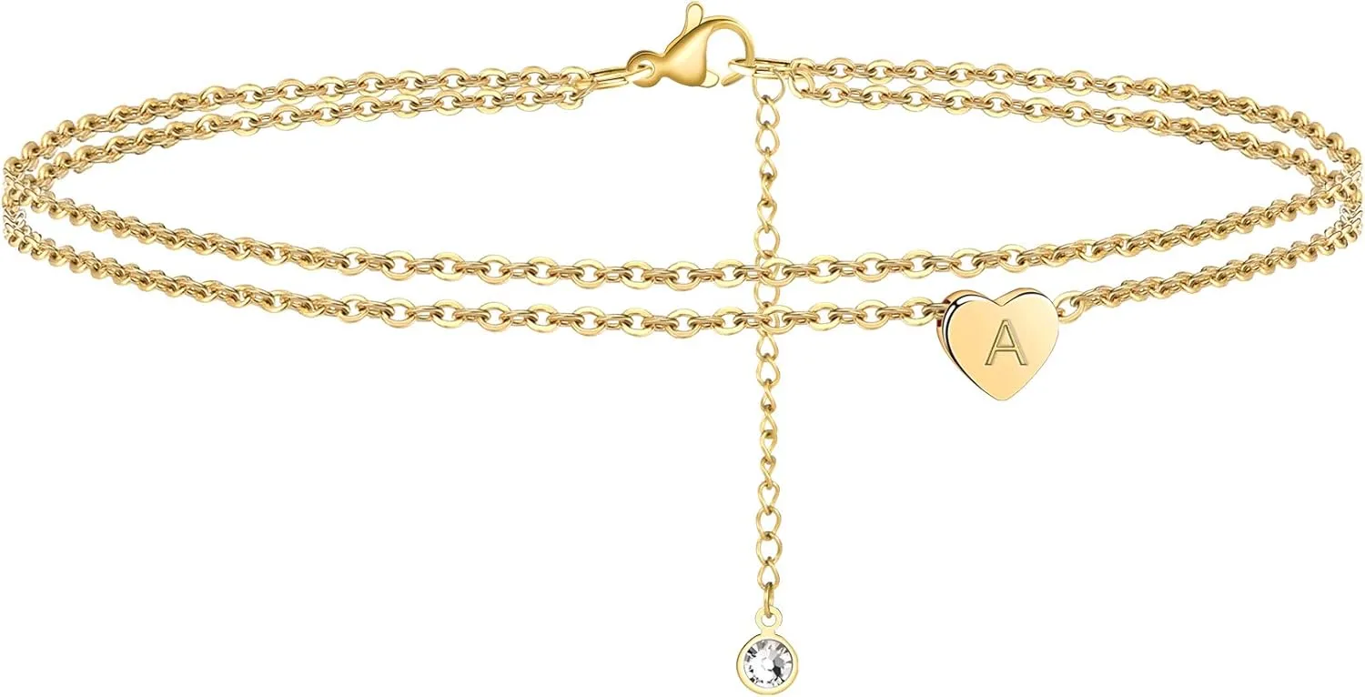 Turandoss Heart Initial Ankle Bracelets for Women, 14K Gold Filled Handmade Dainty Layered Anklet Letter Initial Heart Ankle Bracelets for Women Beach Jewelry Gifts