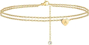 Turandoss Heart Initial Ankle Bracelets for Women, 14K Gold Filled Handmade Dainty Layered Anklet Letter Initial Heart Ankle Bracelets for Women Beach Jewelry Gifts