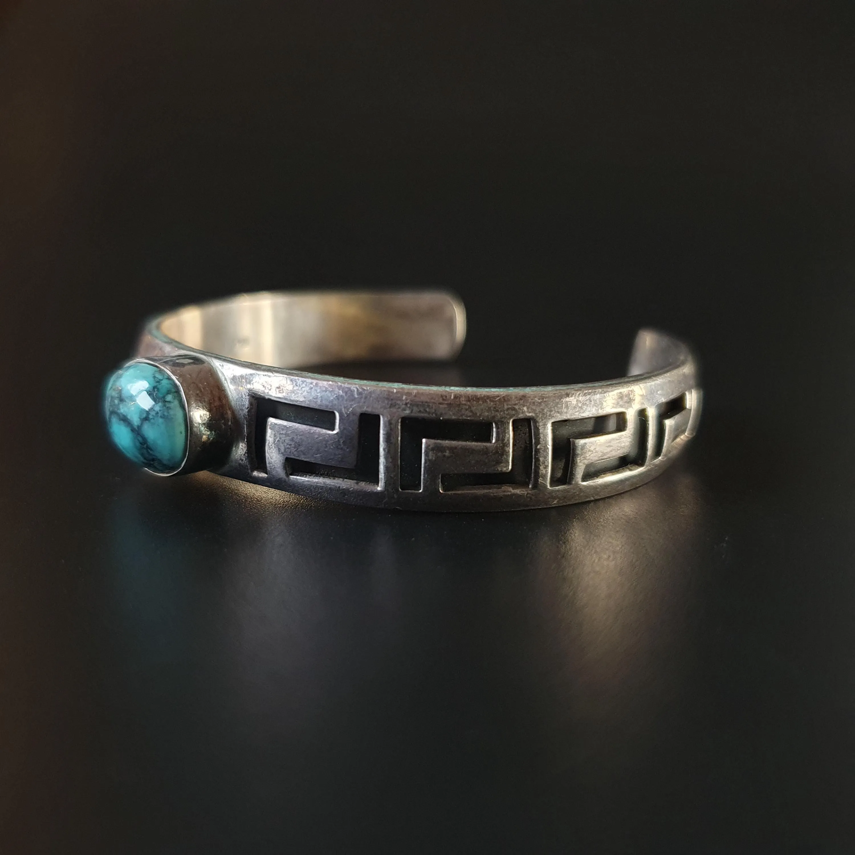 Turquoise bangle,cuff bracelet, Greek style key cut sterling silver jewellery, adjustable cuff bracelet, 925,Boho-chic, stackable statement
