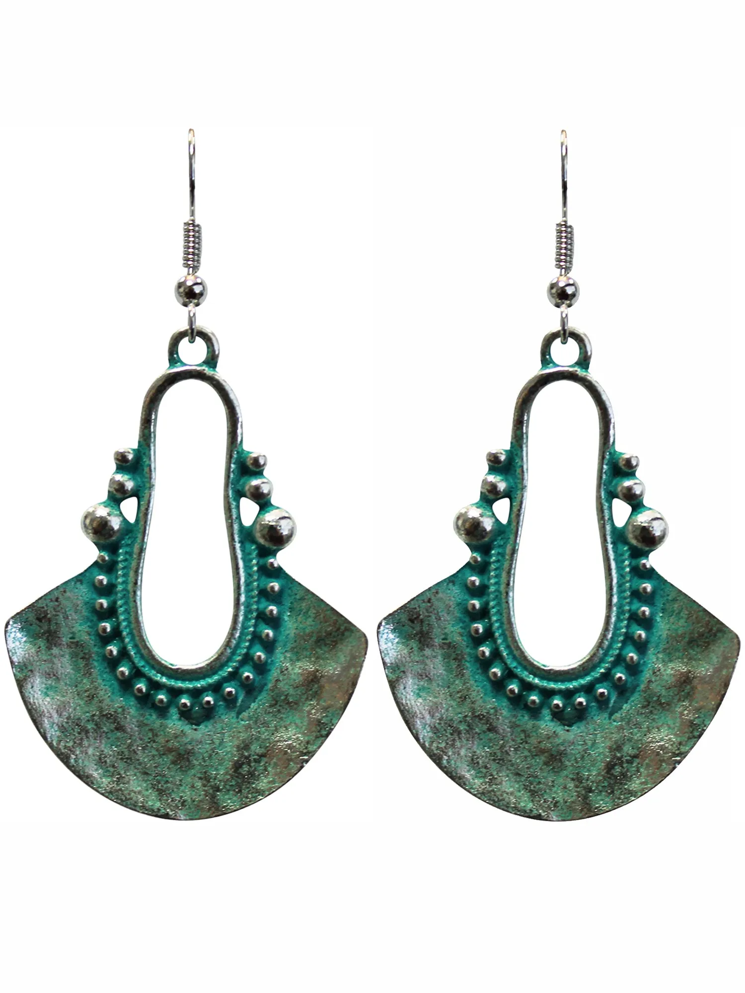 Turquoise Patina Metal Tribal Style Dangle Hook Earrings