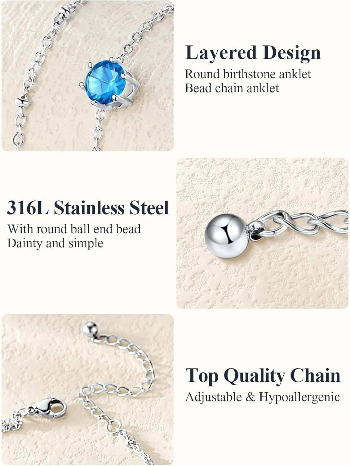 U7 Layered Silver Ankle Bracelet for Women,Round Gem Birthstone Anklets,Summer Beach Foot Jewelry,8.5"-10.5"