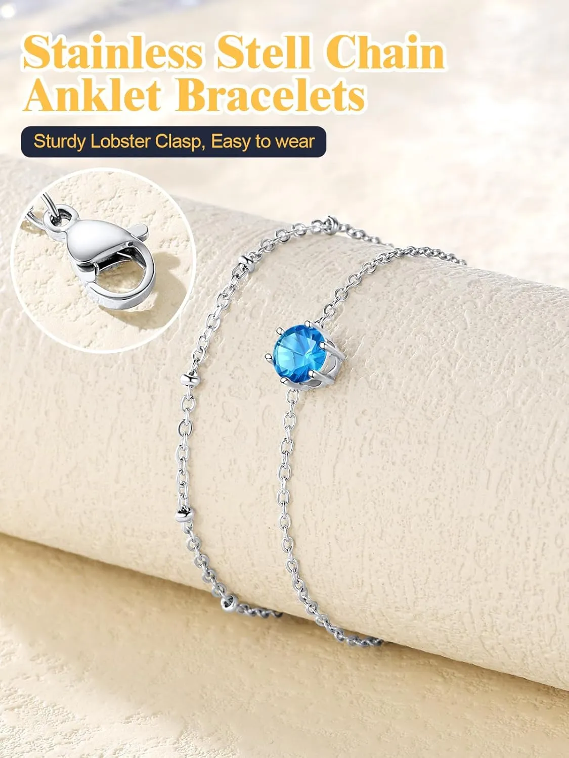U7 Layered Silver Ankle Bracelet for Women,Round Gem Birthstone Anklets,Summer Beach Foot Jewelry,8.5"-10.5"