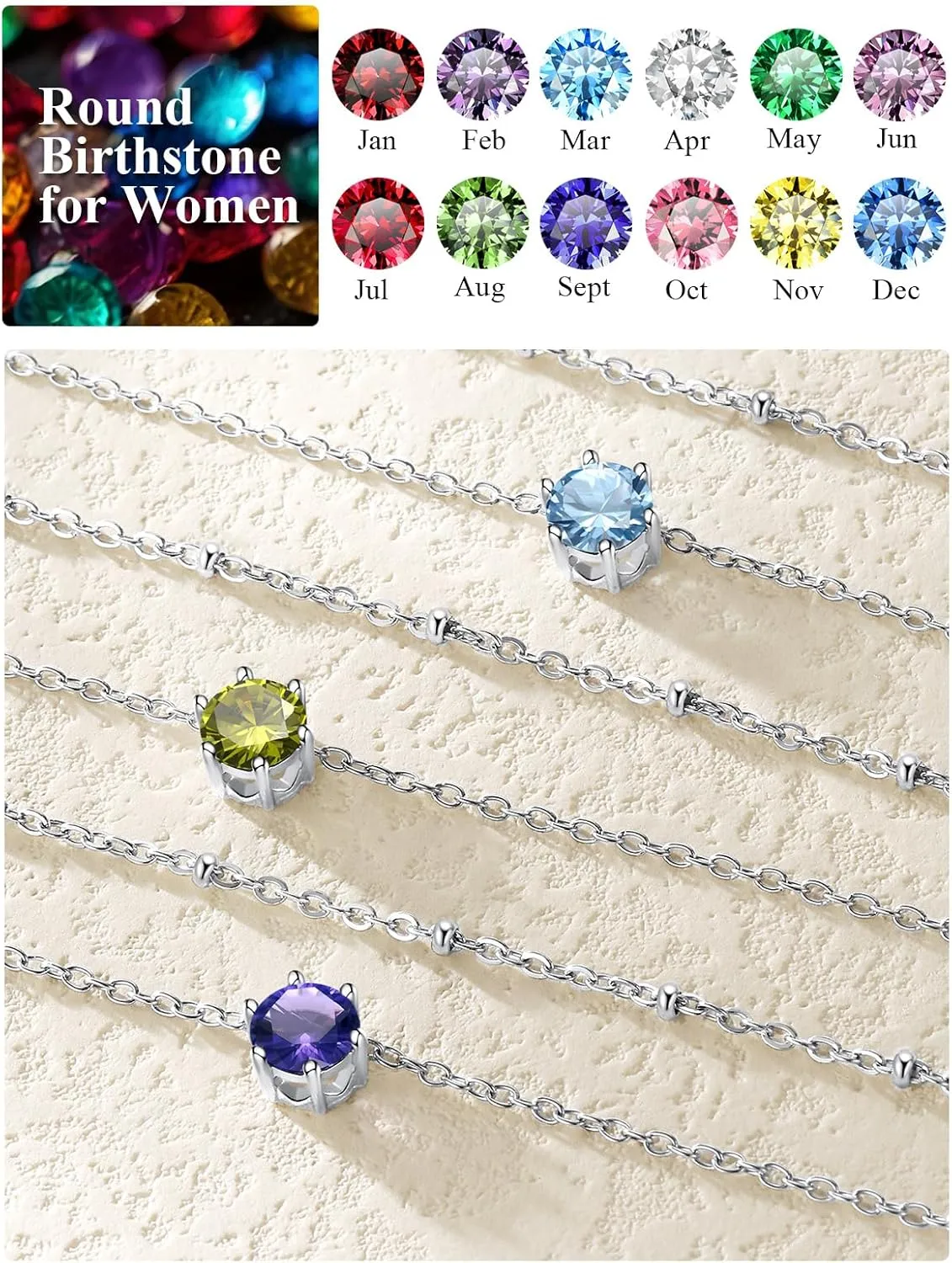U7 Layered Silver Ankle Bracelet for Women,Round Gem Birthstone Anklets,Summer Beach Foot Jewelry,8.5"-10.5"